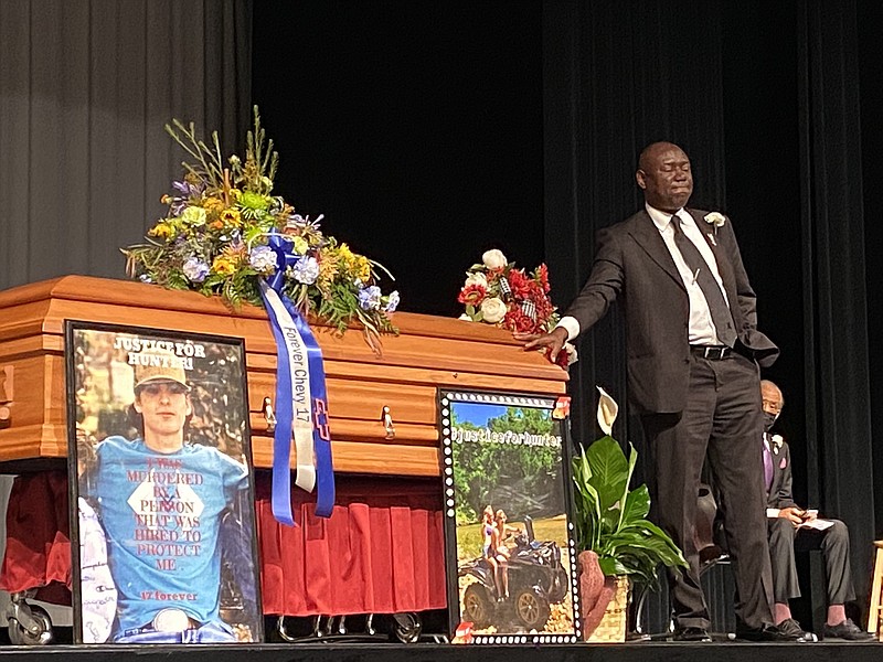 Attorney Ben Crump speaks Tuesday at a memorial service for 17-year-old Hunter Brittain at Beebe High School. (Arkansas Democrat-Gazette/Brianna Kwasnik)