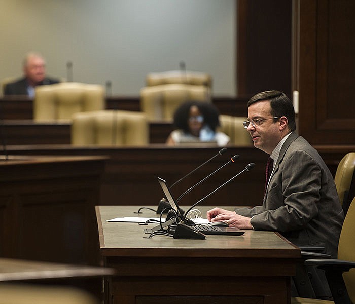 FILE - Mark White, chief of staff at Arkansas Department of Human Services, addresses the House and Senate Public Health Committee during a meeting to discuss the end of the federal public health emergency and its impact on Medicaid, Arkansas Works and ARHOME on Tuesday, July 6, 2021. (Arkansas Democrat-Gazette/Stephen Swofford)