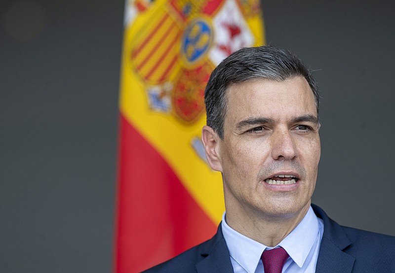 Spain's Prime Minister Pedro Sanchez answers questions during a meeting with the press at the Siauliai military air force base some 220 kms (136,7 miles) east of the capital Vilnius, Lithuania, Thursday, July 8, 2021. (AP Photo/Mindaugas Kulbis)