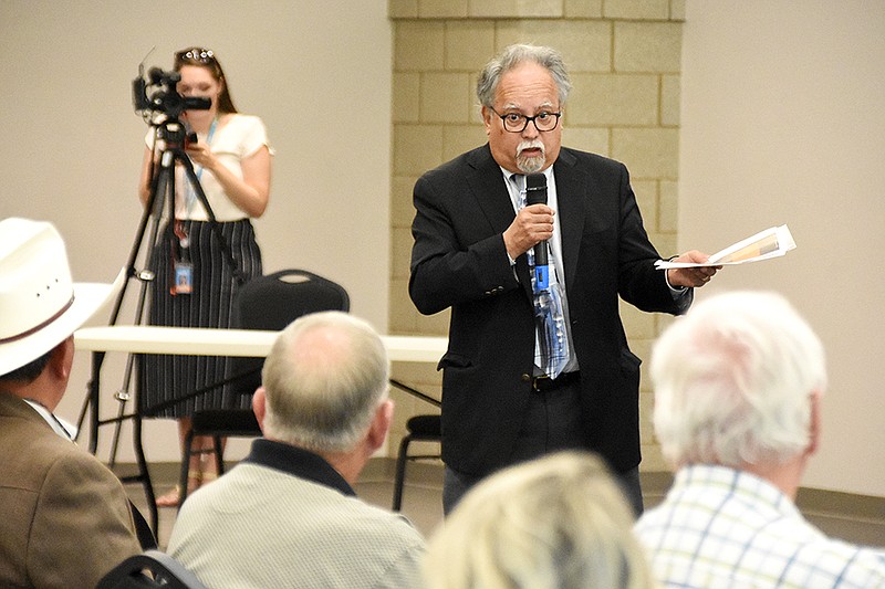 Dr. Jose Romero, Secretary of the Department of Health, answers a question during a community discussion Thursday, July 8, 2021 regarding the coronavirus and vaccinations at the Veterans Park Community Center in Cabot..See more photos at arkansasonline.com/79gov/..(Arkansas Democrat-Gazette/Staci Vandagriff)