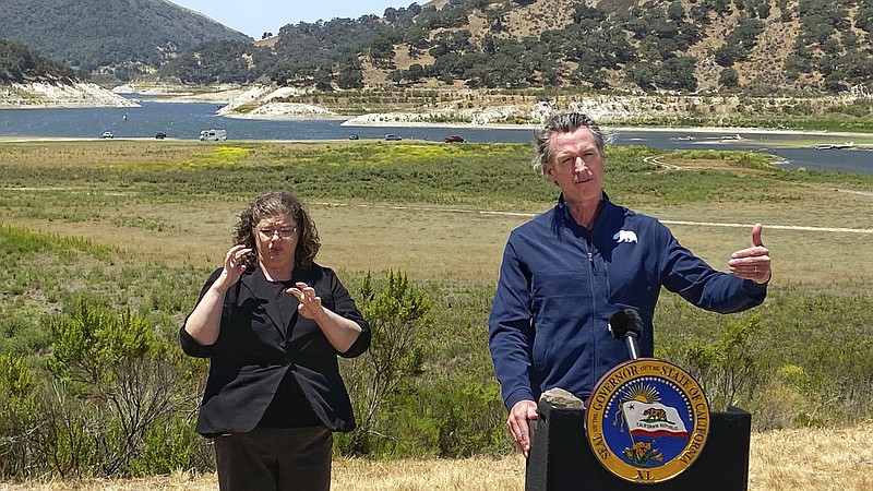 Speaking Thursday at the edge of a drought-diminished Lopez Lake near Arroyo Grande, Calif., Gov. Gavin Newsom said, “This is jaw-dropping, what’s happening in the West Coast of the United States.”
(AP/The Tribune (of San Luis Obispo)/David Middlecamp)