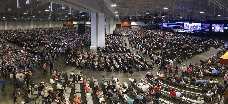 People attend the morning session of the Southern Baptist Convention annual meeting in Nashville in this June 16, 2021, file photo. Nashville health officials have linked a small coronavirus cluster to last month's Southern Baptist Convention meeting, the first large-scale conference held in the city after it lifted restrictions on gatherings, The Tennessean reported. (AP/Mark Humphrey)