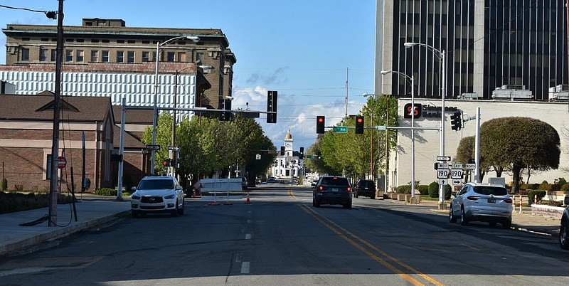 Downtown Pine Bluff is shown in this March 2021 file photo. The city and surrounding area, a metropolitan statistical area with fewer than 100,000 residents, was one of four such areas that were considered for reclassification as a micropolitan statistical area by the Office of Management and Budget announced in 2021. (Pine Bluff Commercial/I.C. Murrell)