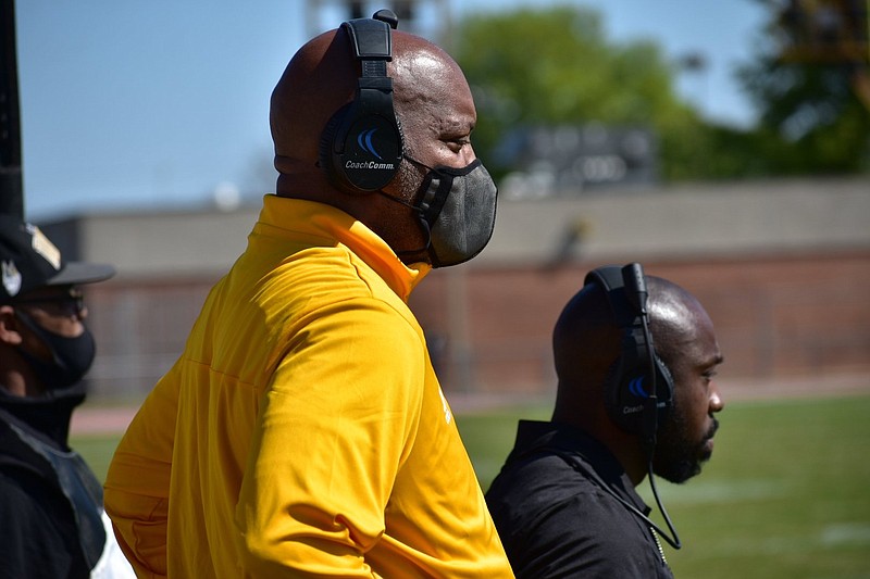 UAPB quarterbacks coach Kenton Evans watches the action during an April 3 victory at Mississippi Valley State University. Evans was hired earlier this week as Mississippi Valley State University offensive coordinator. 
(Pine Bluff Commercial/I.C. Murrell)