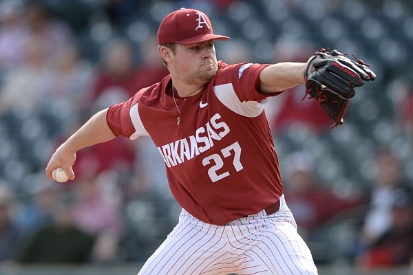 Arkansas starter Blake Adams delivers to the plate Tuesday, March 3, 2020, against Illinois State during the first inning of the Razorbacks' 8-7 loss at Baum-Walker Stadium in Fayetteville. Arkansas starter Blake Adams delivers to the plate Tuesday, March 3, 2020, against Illinois State during the first inning of the Razorbacks' 8-7 loss at Baum-Walker Stadium in Fayetteville.
