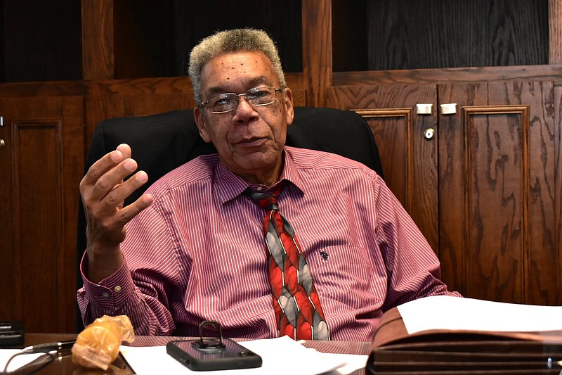 Interim Pine Bluff Police Chief Lloyd Franklin Sr. is keeping the bookshelves behind his desk bare, knowing he’s only ask to lead the department temporarily. 
(Pine Bluff Commercial/I.C. Murrell)