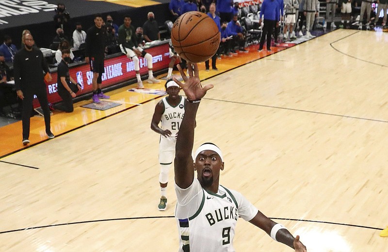 Bobby Portis (Little Rock Hall/Arkansas Razorbacks), shown during Game 5 of the NBA Finals on Saturday, helped lead the Milwaukee Bucks to their first NBA championship since 1971. He became the first former Razorback to win an NBA title since Corliss Williamson won with the Detroit Pistons in 2004.
(AP/Mark J. Rebilas)