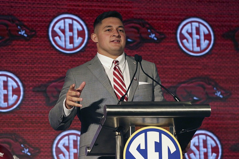 Arkansas senior linebacker Grant Morgan said at SEC Media Days on Thursday that the Razorbacks’ high covid-19 vaccination rate could be an advantage for the Hogs.
(AP/Butch Dill)