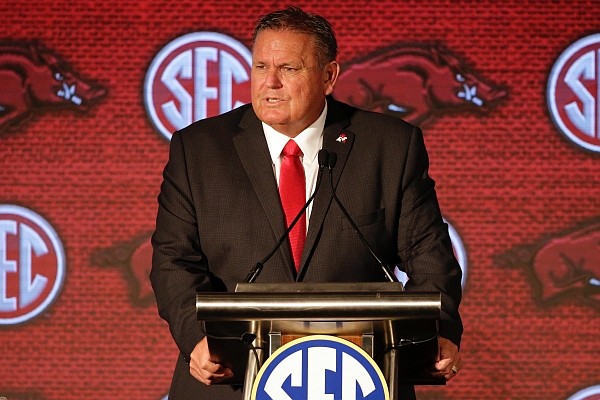 Arkansas head coach Sam Pittman speaks to reporters during the NCAA college football Southeastern Conference Media Days Thursday, July 22, 2021, in Hoover, Ala. (AP Photo/Butch Dill) Arkansas head coach Sam Pittman speaks to reporters during the NCAA college football Southeastern Conference Media Days Thursday, July 22, 2021, in Hoover, Ala. (AP Photo/Butch Dill)