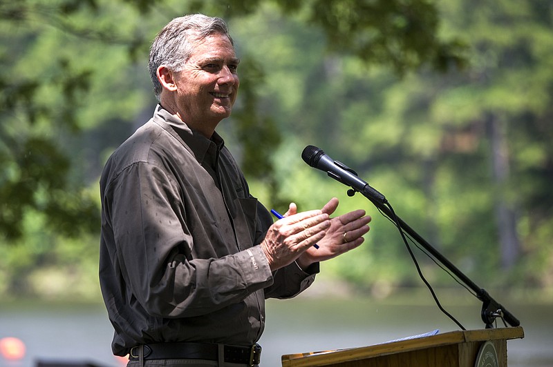 FILE - Congressman French Hill thanks the Division of Arkansas State Parks for their work during a press conference at Lake Sylvia on Friday, July 23, 2021. (Arkansas Democrat-Gazette/Stephen Swofford)