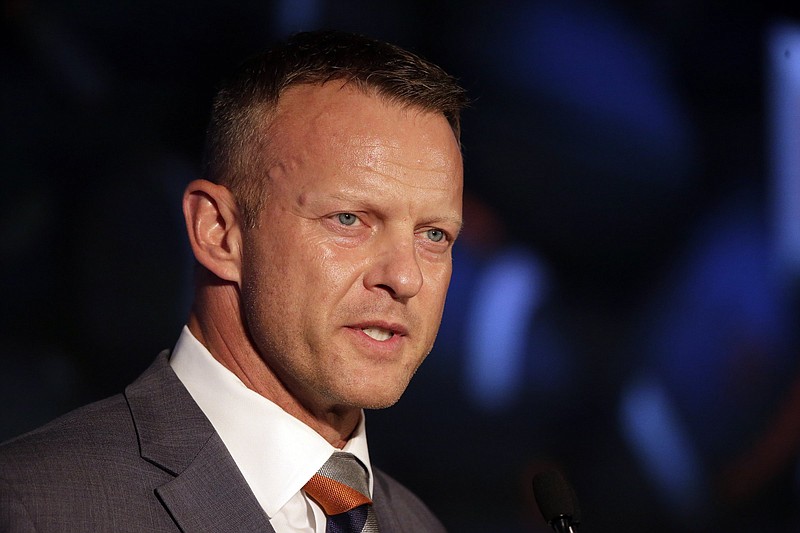 Auburn head coach Bryan Harsin speaks to reporters during the NCAA college football Southeastern Conference Media Days Thursday, July 22, 2021, in Hoover, Ala. (AP Photo/Butch Dill)