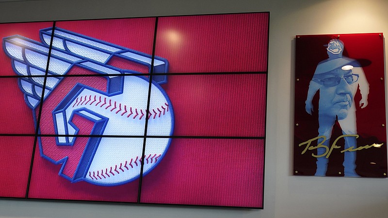 The new logo for the Cleveland Guardians is displayed at a news conference Friday in Cleveland. The Guardians will be the new name for the Major League Baseball team in Cleveland after the franchise has been known as the Indians since 1915. The name change will take place at the end of the 2021 season.
(AP/Tony Dejak)