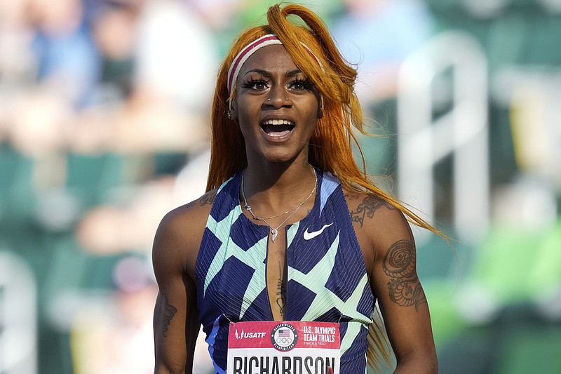 FILE - In this June 19, 2021, photo, Sha’Carri Richardson celebrates after winning the first heat of the semis finals in women’s 100-meter run at the U.S. Olympic Track and Field Trials in Eugene, Ore. From doping, to demonstrations to dirty officials, the Olympics have never lacked their share of off-the-field scandals and controversies that keep the Games in the headlines long after the torch goes out. Only weeks before the start of the Olympics, the ban of American sprinter Richardson for a positive marijuana test fueled a debate about whether that drug — not considered a performance enhancer and now legal in some parts of the globe — should be forbidden anymore. (AP Photo/Ashley Landis, File)