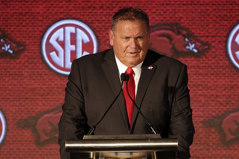 Arkansas head coach Sam Pittman speaks to reporters during the NCAA college football Southeastern Conference Media Days Thursday, July 22, 2021, in Hoover, Ala. (AP Photo/Butch Dill)