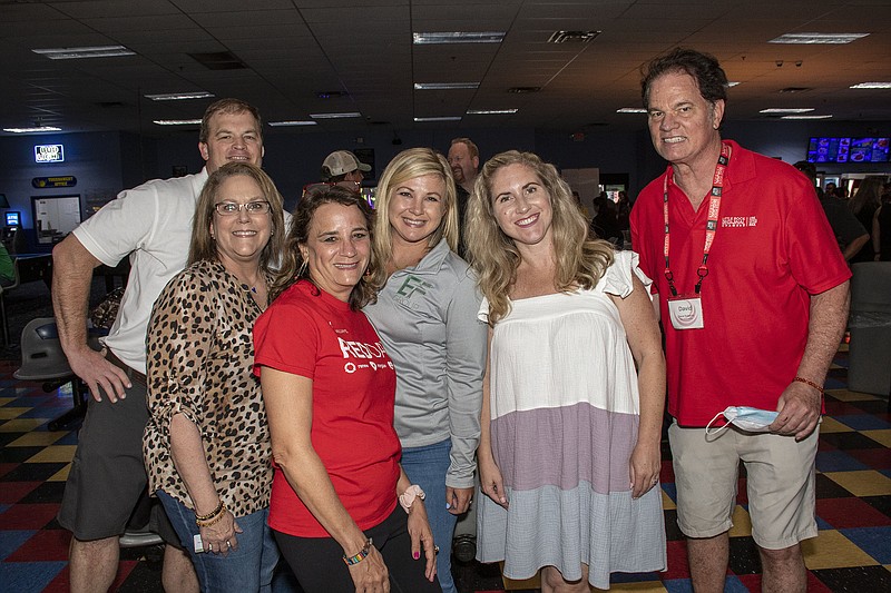 Clay Partridge, Angela Stroud, Cassie Well, April Ramsey, Shannon Harney and David Roberts at Bowling for Business on 07/15/2021 at the Millennial  Bowl in Maumelle. (Arkansas Democrat-Gazette/Cary Jenkins)