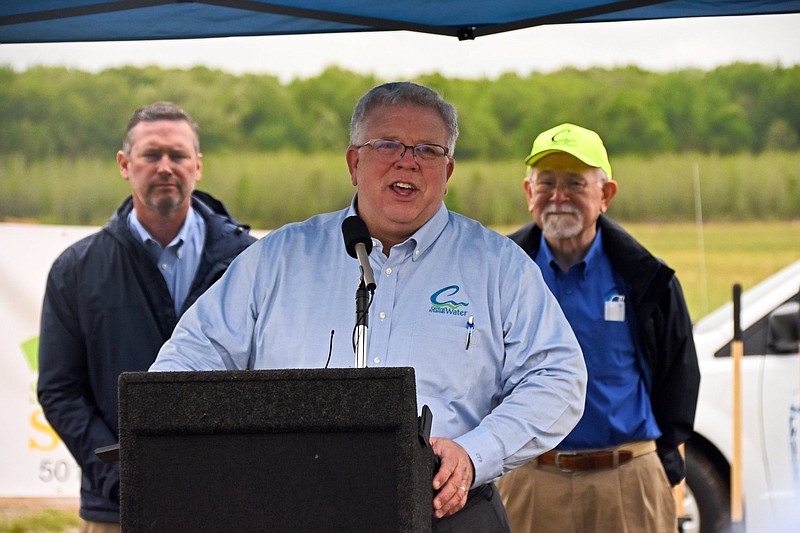 Tad Bohannon, CEO of Central Arkansas Water, speaks Wednesday during the ground breaking ceremony for the solar plant at 1300 Richie Rd. in Cabot. Central Arkansas Water, the owner of the property, will lease it to Scenic Hill Solar for construction and operation of the 4.8 MW solar power plant. .(Arkansas Democrat-Gazette/Staci Vandagriff)