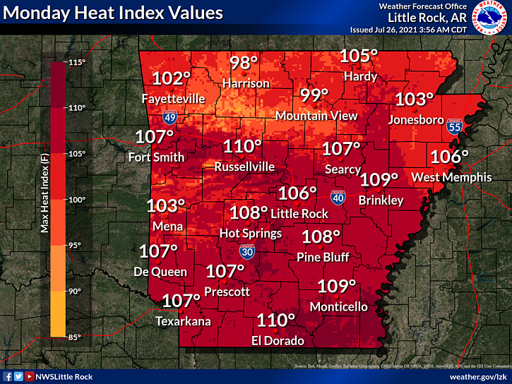 Heat index values across much of the state are predicted to be over 100 degrees, according to this National Weather Service graphic