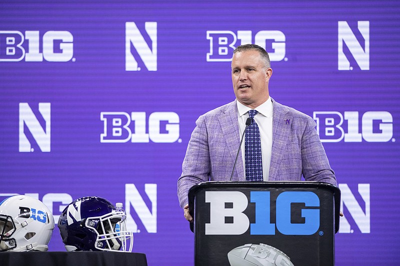 Northwestern head coach Pat Fitzgerald speaks during an NCAA college football news conference at the Big Ten Conference media days, Thursday, July 22, 2021, at Lucas Oil Stadium in Indianapolis. (AP Photo/Doug McSchooler)