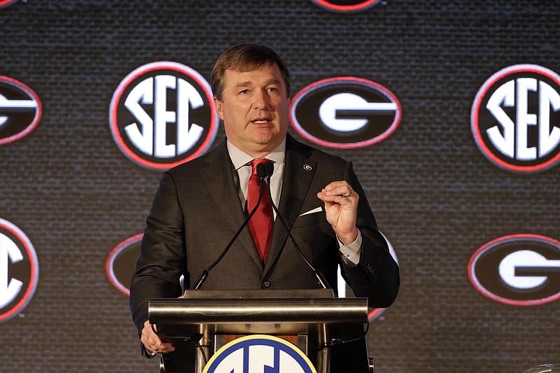 Georgia head coach Kirby Smart speaks to reporters during the NCAA college football Southeastern Conference Media Days Tuesday, July 20, 2021, in Hoover, Ala. (AP Photo/Butch Dill)