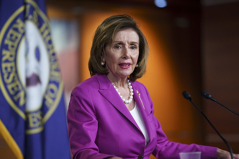 Speaker of the House Nancy Pelosi, D-Calif., talks to reporters at the Capitol in Washington, Wednesday, July 28, 2021, the day after the first hearing by her select committee on the Jan. 6 attack. (AP Photo/J. Scott Applewhite)