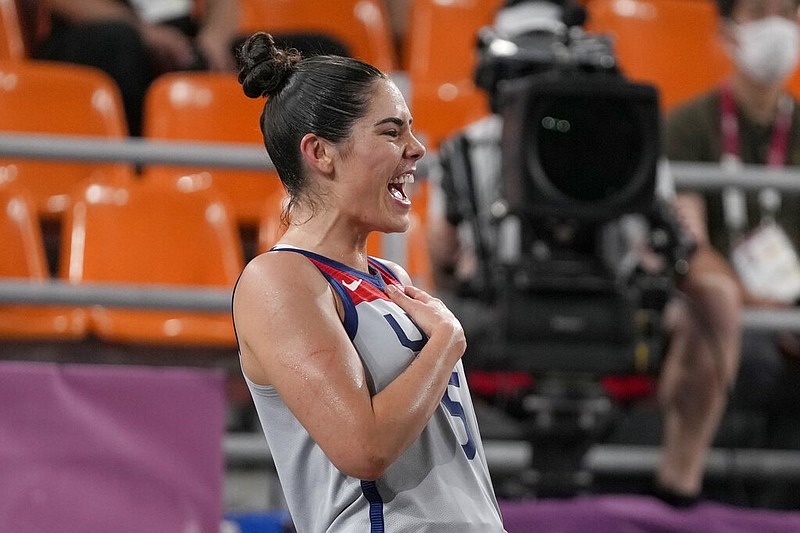 United States' Kelsey Plum celebrates victory over Russian Olympic Committee in a women's 3-on-3 gold medal basketball game at the 2020 Summer Olympics, Wednesday, July 28, 2021, in Tokyo, Japan. (AP/Jeff Roberson)