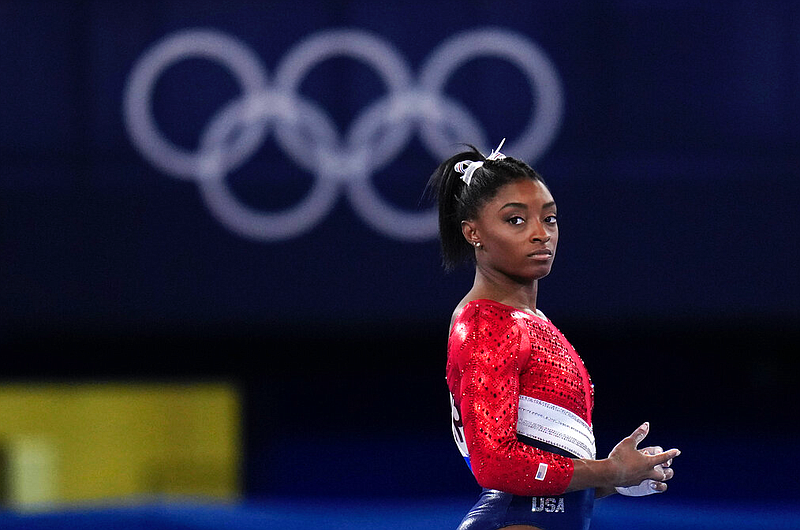 Simone Biles, of the United States, waits to perform on the vault during the artistic gymnastics women's final at the 2020 Summer Olympics, Tuesday, July 27, 2021, in Tokyo. (AP/Gregory Bull)