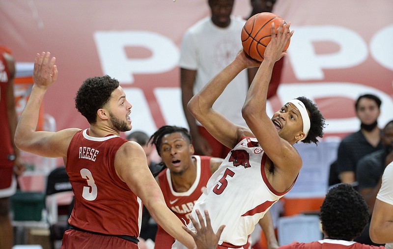 Moses Moody declared for the NBA Draft after his freshman season at Arkansas when he was named first-team All-SEC. He is expected to be chosen as early as seventh in tonight’s draft.
(NWA Democrat-Gazette/Andy Shupe)