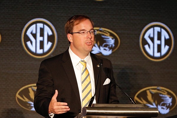 Missouri head coach Eliah Drinkwitz speaks to reporters during the NCAA college football Southeastern Conference Media Days Thursday, July 22, 2021, in Hoover, Ala. (AP Photo/Butch Dill)