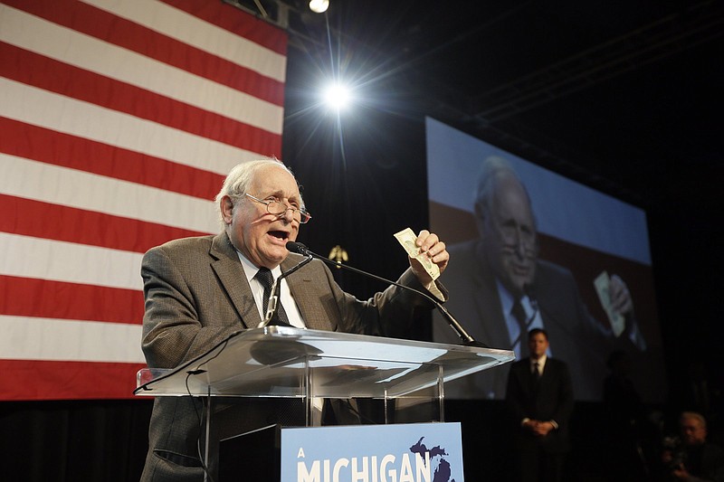 Carl Levin addresses an election night party in 2014 in Detroit. The longtime U.S. senator from Michigan died Thursday.
(AP/Carlos Osorio)