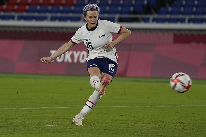 Megan Rapinoe of the United States converts the deciding penalty in a 4-2 shootout victory against the Netherlands after a 2-2 draw Friday at the Tokyo Olympics in Yokohama, Japan. The U.S. will face Canada in a semifinal Monday.
(AP/Kiichiro Sato)