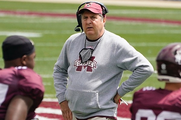 Mississippi State head coach Mike Leach looks at his players during Mississippi State's Maroon and White spring NCAA college football game, Saturday, April 17, 2021, in Starkville, Miss. The White team won 30-22. (AP Photo/Rogelio V. Solis) Mississippi State head coach Mike Leach looks at his players during Mississippi State's Maroon and White spring NCAA college football game, Saturday, April 17, 2021, in Starkville, Miss. The White team won 30-22. (AP Photo/Rogelio V. Solis)