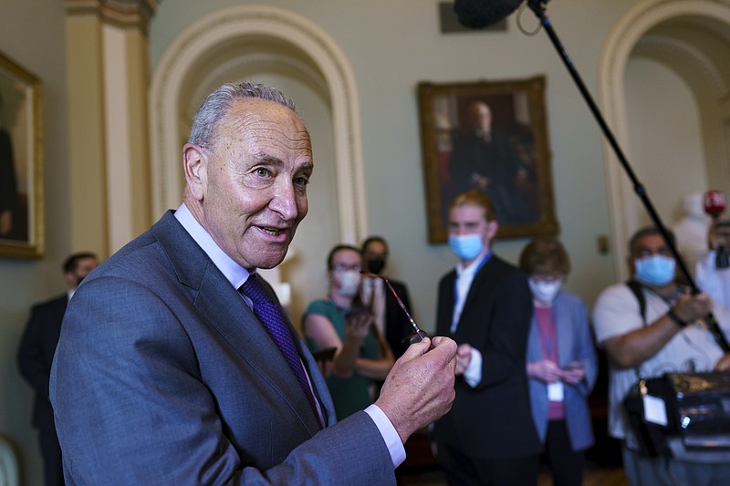 Senate Majority Leader Chuck Schumer, D-N.Y., updates reporters on the latest action in the infrastructure negotiations between Republicans and Democrats, at the Capitol in Washington, Wednesday, July 28, 2021. (The Associated Press)