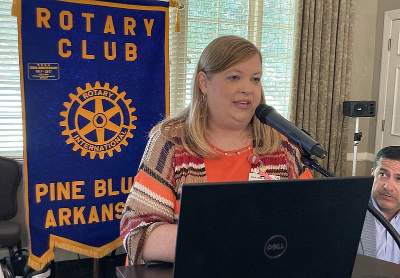Erin Bolton, a registered nurse and director of quality and regulatory at Jefferson Regional hospital, told Rotarians that the state is seeing at least three times more new covid patients per day than there were a year ago. 
(Pine Bluff Commercial/Byron Tate)