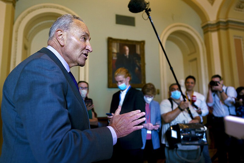 Senate Majority Leader Charles Schumer, D-N.Y., updates reporters on the infrastructure negotiations between Republicans and Democrats, at the Capitol in Washington on Wednesday, July 28, 2021. (AP/J. Scott Applewhite)