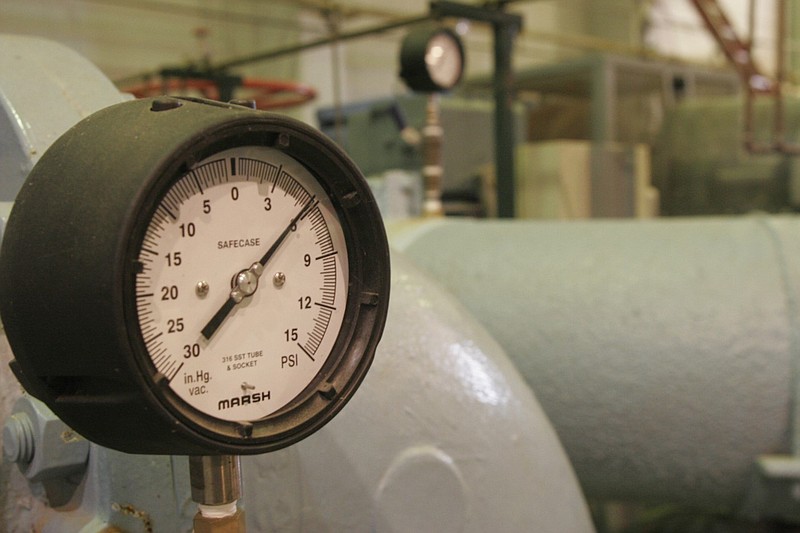 Gauges in high service pumps measure the suction and discharge levels of water to each of the distribution centers throughout Little Rock and North Little Rock in this August 2007 file photo. (Arkansas Democrat-Gazette file photo)