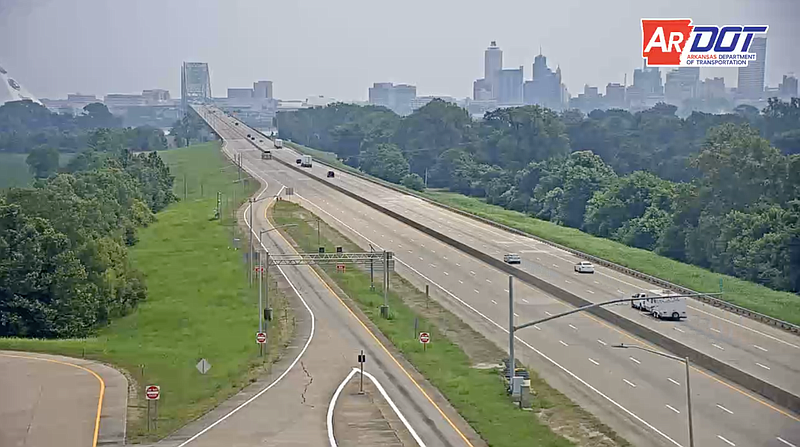 Traffic heads east toward the Hernando de Soto Bridge early Monday afternoon in this screenshot of video provided by the Arkansas Department of Transportation.