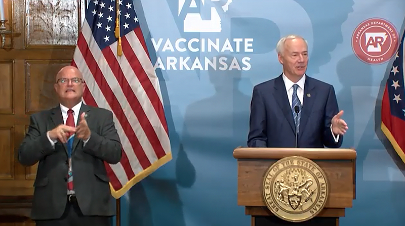 Gov. Asa Hutchinson speaks Tuesday to reporters at the state Capitol in Little Rock in this screenshot of video provided by the governor's office.