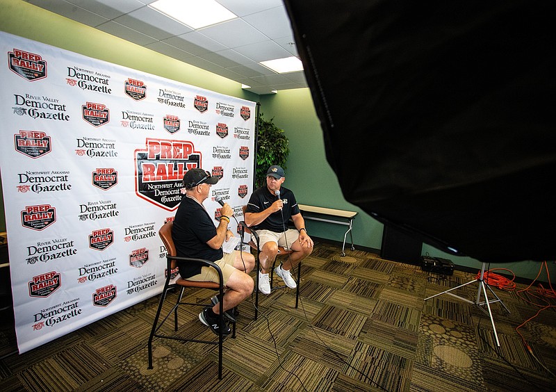 FILE -- Head football coach Jody Grant of Bentonville and NWADG Sports Editor Chip Souza at the NWADG football media day at Arvest Ballpark, Springdale, Arkansas, Tuesday, August 3, 2021. (Special to NWA Democrat-Gazette/David Beach)
