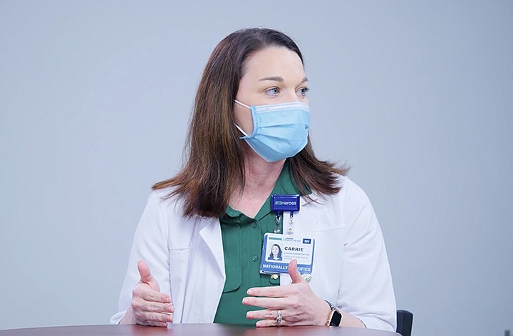 Carrie Brewton, infection control nurse at Baptist Health Fort Smith, discusses the covid-19 vaccine in a video issued Monday, July 26, 2021, featuring supervisory personnel at Baptist and Mercy Fort Smith.