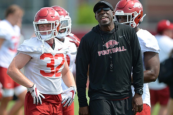 Arkansas running backs coach Jimmy Smith is shown during practice Aug. 6, 2021, in Fayetteville.