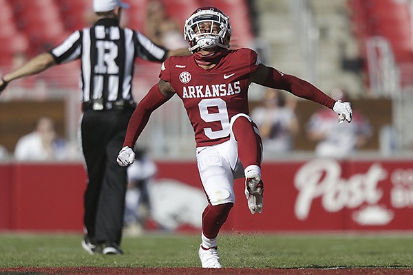 Arkansas cornerback Greg Brooks celebrates a pass breakup during a game against Georgia on Saturday, Sept. 26, 2020, in Fayetteville.