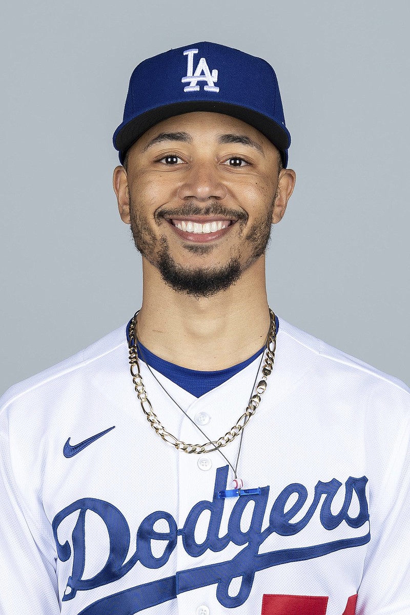 This is a 2021 photo of Mookie Betts of the Los Angeles Dodgers baseball team. This image reflects the Los Angeles Dodgers active roster as of Wednesday, Feb. 24, 2021 when this image was taken. (Jennifer Stewart/MLB Photos via AP)