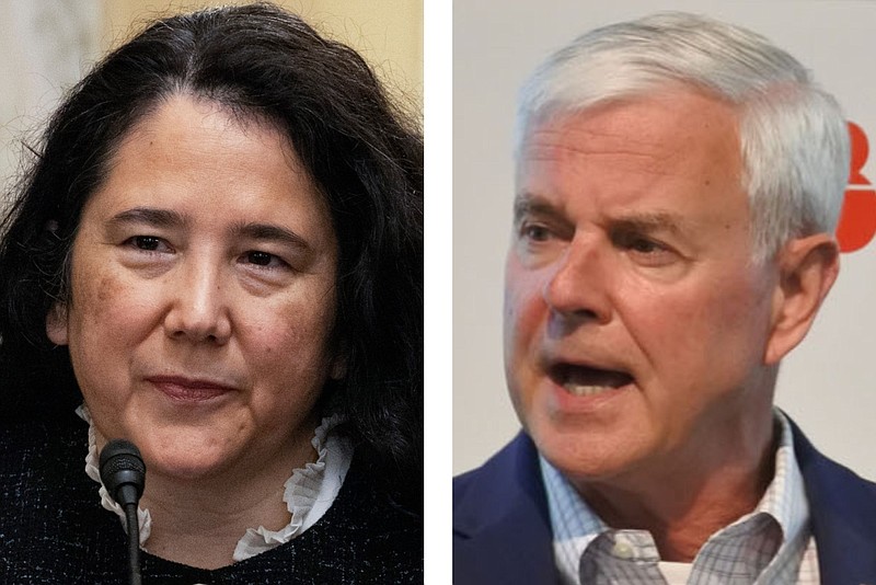 Isabella Casillas Guzman (left), the administrator of the Small Business Administration, and U.S. Rep. Steve Womack, a Republican from Rogers, are shown in this composite of photos taken in 2021. (Left, Tasos Katopodis/Pool via AP; right, NWA Democrat-Gazette/Thomas Saccente)