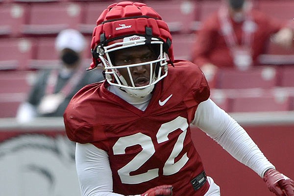 Arkansas linebacker Deon Edwards is shown during a scrimmage Saturday, April 3, 2021, in Fayetteville.