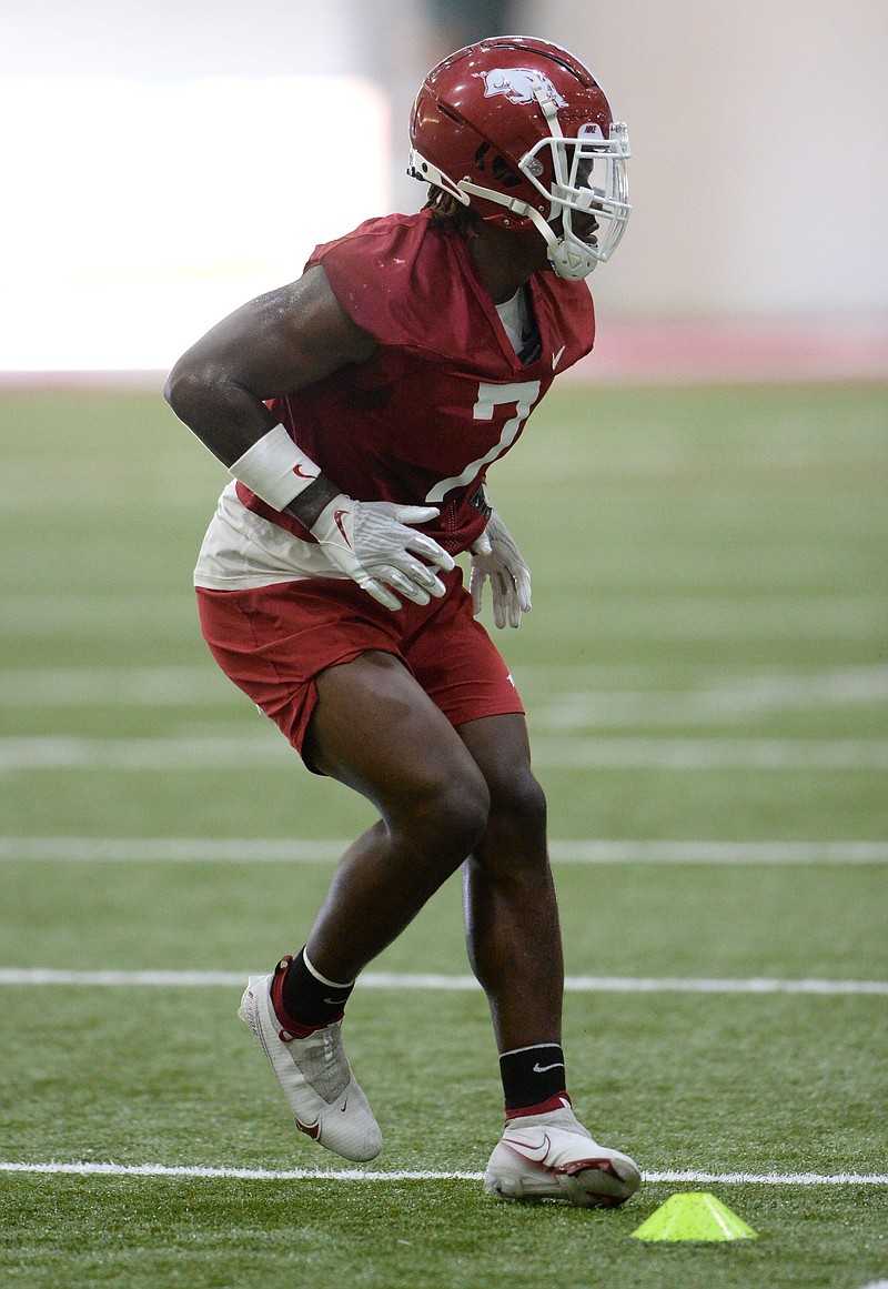 Senior safety Joe Foucha is one of only a handful of Arkansas defensive players who seemingly have secured a starting position for the season opener against against Rice on Sept. 4, at Reynolds Razorback Stadium in Fayetteville.
(NWA Democrat-Gazette/Andy Shupe)