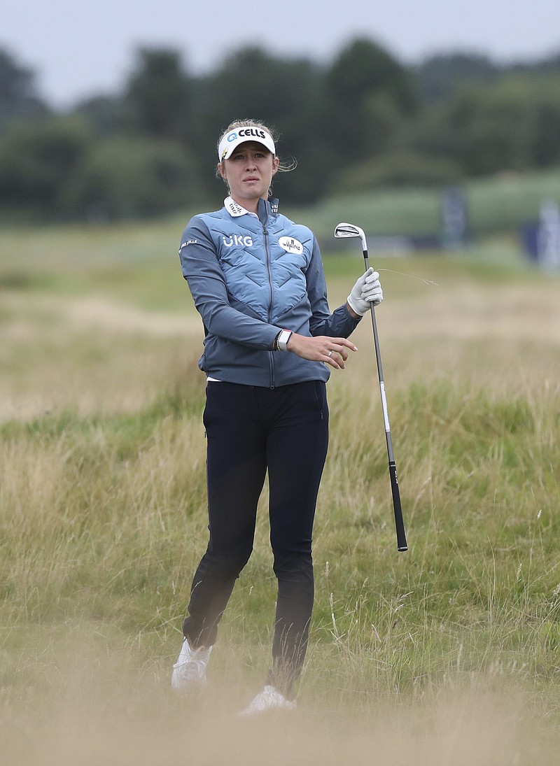 United States' Nelly Korda reacts after playing from the light rough on the 15th hole during the second round of the Women's British Open golf championship, in Carnoustie, Scotland, Friday, Aug. 20, 2021. (AP Photo/Scott Heppell)