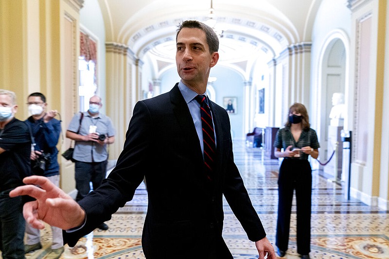 U.S. Sen. Tom Cotton, R-Ark., speaks to a reporter as he arrives on Capitol Hill in Washington in this Aug. 10, 2021, file photo. (AP/Andrew Harnik)