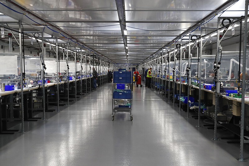 Work stations in the Ford Rawsonville plant in Ypsilanti Township, Mich., are shown in this May 13, 2020, file photo. An area of the plant was converted into a ventilator factory last year, as hospitals battling the coronavirus reported shortages of the life-saving devices. (AP/Carlos Osorio)