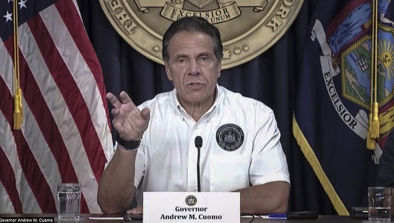 Governor Andrew Cuomo speaks during a Zoom-cast news briefing, Saturday Aug. 21, 2021, in New York. Cuomo declared a state of emergency for parts of the state and urged people to heed warnings, as the newly upgraded Hurricane Henri closed in on the Northeast. (NY Governor's Press Office via AP)