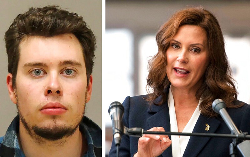 Ty Garbin (left) and Michigan Gov. Gretchen Whitmer are shown in this combination photo. Garbin was sentenced Wednesday, Aug. 25, 2021, to just over six years in prison for planning to kidnap Whitmer, who is shown at Detroit's Farwell Recreation Center on Aug. 16, 2021. (Left, Kent County (Mich.) Sheriff via AP; right, Nic Antaya/Detroit News via AP)